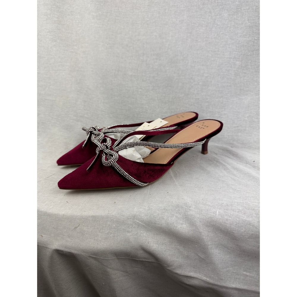 A New Day Womens Burgundy Velvet Rhinestone Bow Pointed Toe Kitten Heel Mules 9